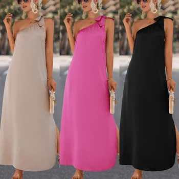 2023 Poletje Nove Obleke za Ženske Seksi Poševno Vratu Off-ramo Barva Split Strap Ženske Elegantne Asimetrični Obleko Maxi