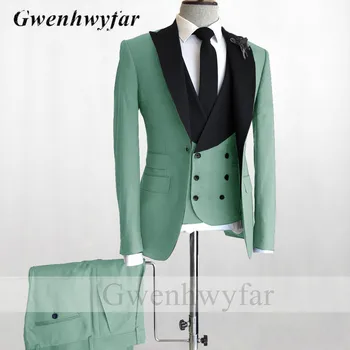 Gwenhwyfar Jade Zelena Moške Obleke 2022 3 Kos set-Blazer&Hlače&Telovnik Meri Vrha River Ženina Poročna Tuxedos Formalno Obleko