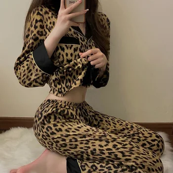 Jesensko Razkošje Pižamo Žensk Seksi Leopard Tiskanja Žensk Dolgo sleeved Ohlapne Hlače Velikosti korejskem Slogu Domov Storitev Obleko