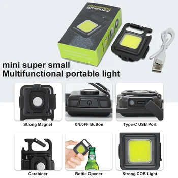 Mini Prenosni LED Svetilke Keychains USB Polnilne za Zunanjo Ribiško Kampiranje Osvetlitev Svetlobe, žepni nož Prenosne Luči