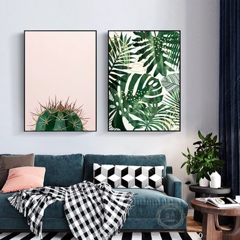 Nordijska Tropskih Rastlin Plakat listnih Kaktus Natisne Minimalističen Roza Pastorala Wall Art Slik, Dnevna Soba notranjo Opremo