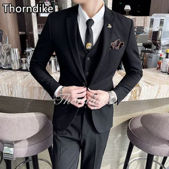 Thorndike 2023 Kostum Homme Črno Stojalo Ovratnik Moške Obleke, Poročni Tuxedos Ženina Jopič 3 Kosov Elegantno Obleko (Suknjič+Hlače+Telovnik)