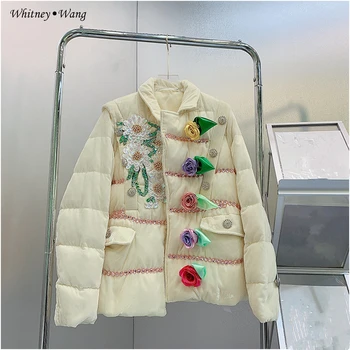 WHITNEY WANG Oblikovalec Slog 2022 Jeseni, Pozimi Moda Ulične Ročno Sequins Beading 3D Florals Jopič Navzdol Plašč Ženske