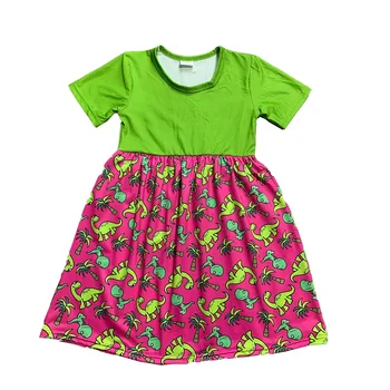 Zelena Mali Dinozaver Tiskanja Rose Rdeči Šivi Kratka sleeved Obleko Poletje Boutique Dekleta otroška Oblačila na Debelo