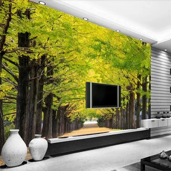 beibehang Ginkgo drevo boulevard, dnevna soba, TV ozadju stene po meri, velika zidana zelena svila materiala ozadje de papel pared