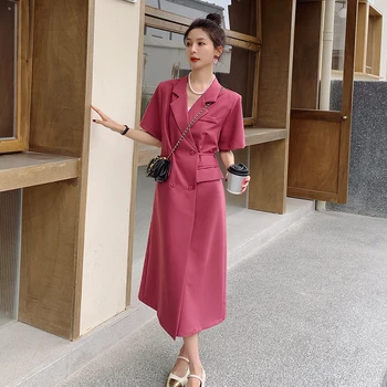 Ženske Dvojno Zapenjanje Obleko Obleko 2023 Poletje Elegantno Korejski Svoboden Slog Priložnostne Kratek Rokav Vijolično Rdeče Dolge Obleke Lady 2350
