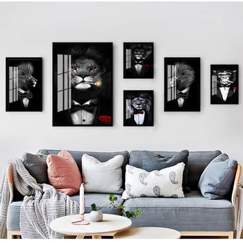Živali Platna Slike Na Steni Umetniške Slike Smešno Živali, Črno Beli Lev V Obleko Platno Umetnosti Plakatov In Fotografij Povzetek
